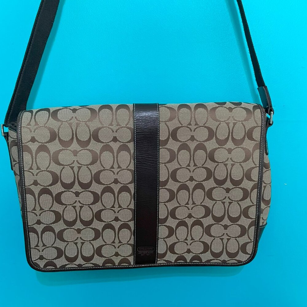 Coach Brown Signature Canvas Laptop Crossbody with Dark Brown Trim